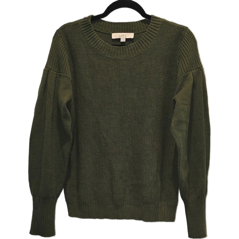 LOFT Womens Olive Green Pleated Puff Sleeve Crew Neck Knit Sweater Size M